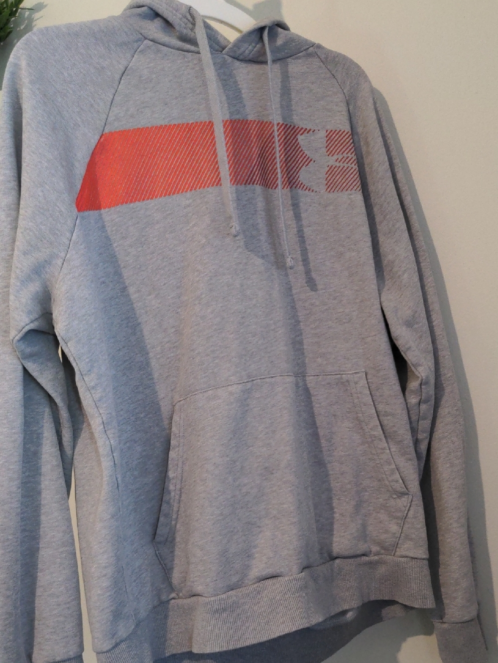 Under Armour Light Gray Hoodie with Red Chest Stripe Logo Mens Size M